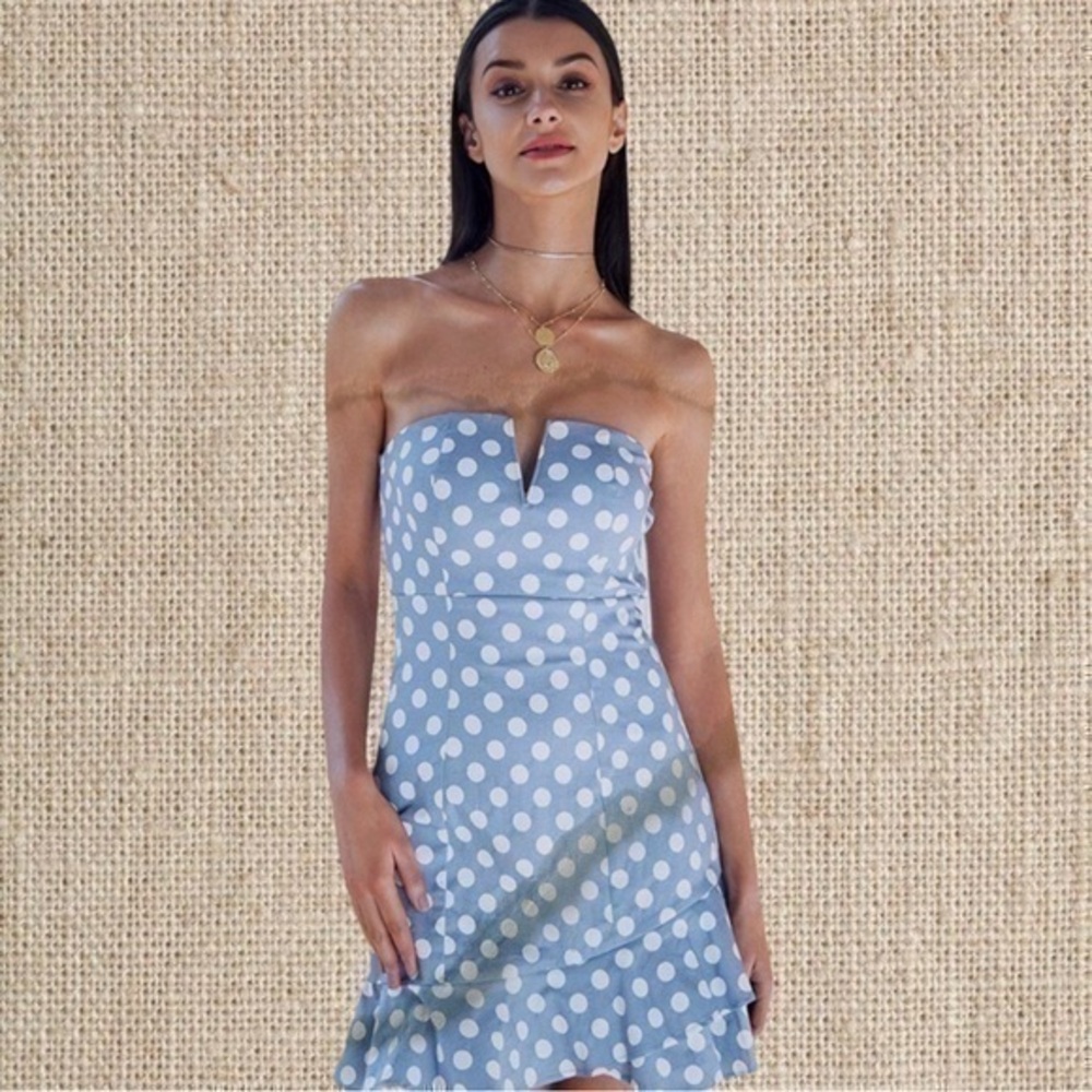 Blue Strapless polkadot, mini dress